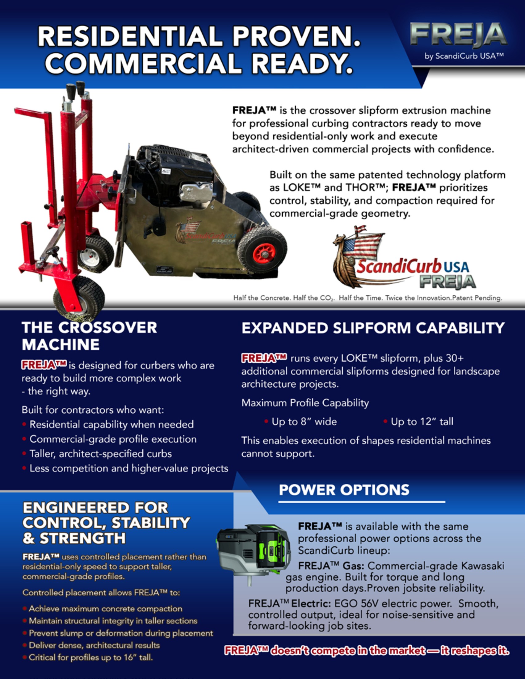FREJA crossover slipform curbing machine, official ScandiCurb USA brochure photo