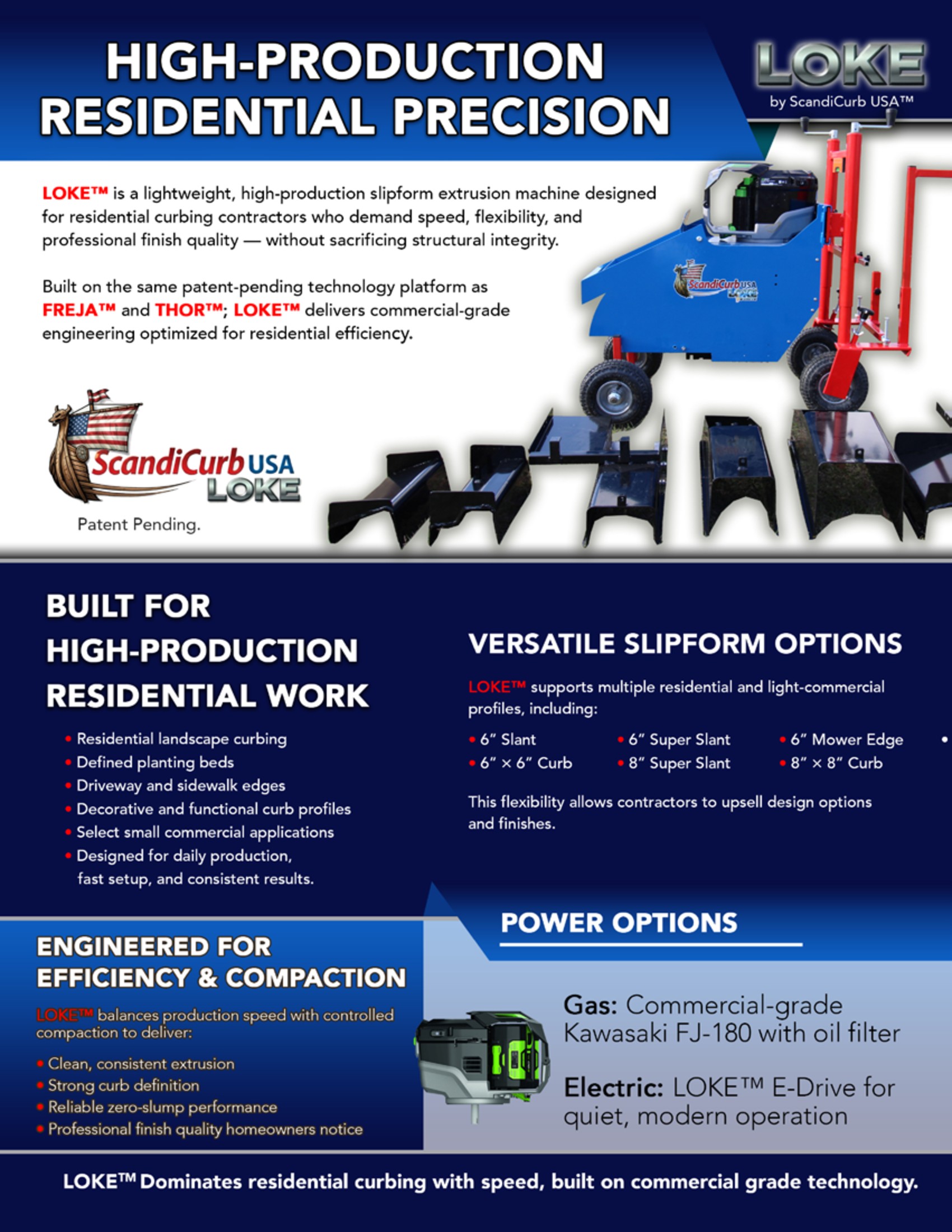 LOKE residential slipform curbing machine, official ScandiCurb USA brochure photo